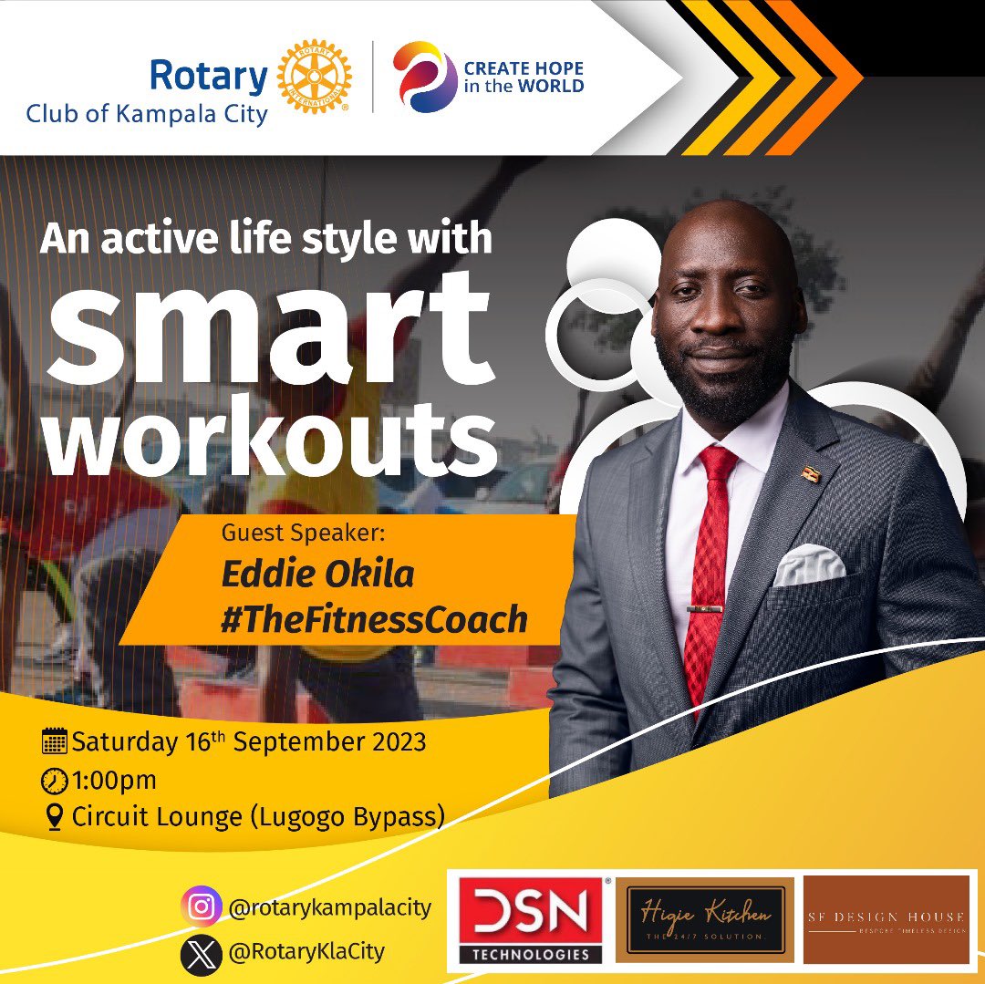 RotaryKlaCity's tweet image. 🌟 Join us tomorrow as we focus on Staying #fit in this busy world "An active life style with smart work-outs" shall be the theme of the day.

🗓️ Date: 16th September 2023.
🕕 Time: 1:00pm to 2:00pm EAT.      
📌 Circuit Lounge, Lugogo By pass.

#Stay fit always