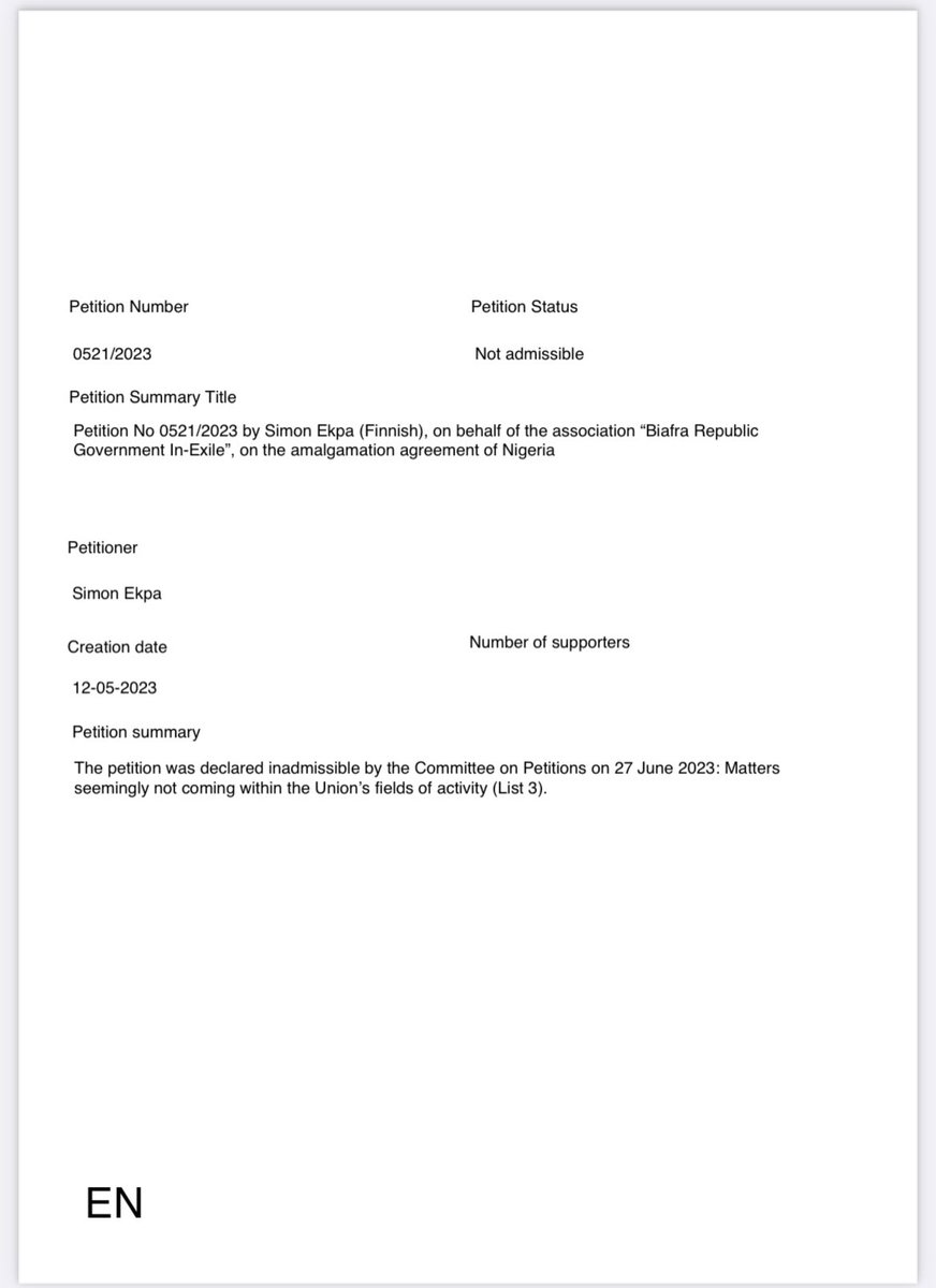 simon_ekpa's tweet photo. BREAKING! 
The European Parliament has declared our petition seeking their intervention to end the expired Amalgamation of Nigeria and to support the disintegration of Nigeria as a solution to armed conflict as not admissible. 

However, while i was filing this petition, i was fully aware that it was not admissible at the European Parliament but it was filed as a way to creat awareness within the European Parliament. 
That goal has been achieved! 
Done & Dusted! 
The arm struggle for Biafra independence has entered wotowoto promax phase. We move!