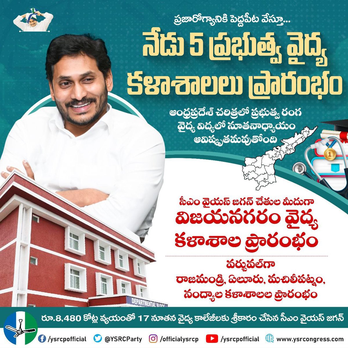 NARASIM854's tweet photo. ప్రజారోగ్యానికి పెద్దపీట వేస్తూ దాదాపు రూ.8,480 కోట్ల వ్యయంతో 17 నూతన వైద్య కళాశాలలకు సీఎం వైయస్ జగన్ శ్రీకారం చుట్టారు. అందులో భాగంగా రాష్ట్ర చరిత్రలో ఎన్నడూ లేనివిధంగా ఈరోజు ఏకకాలంలో 2023-24 విద్యా సంవత్సరానికి 5 నూతన కాలేజీలను సీఎం @ysjagan ప్రారంభించనున్నారు. https://t.co/PHQbPSeG5o