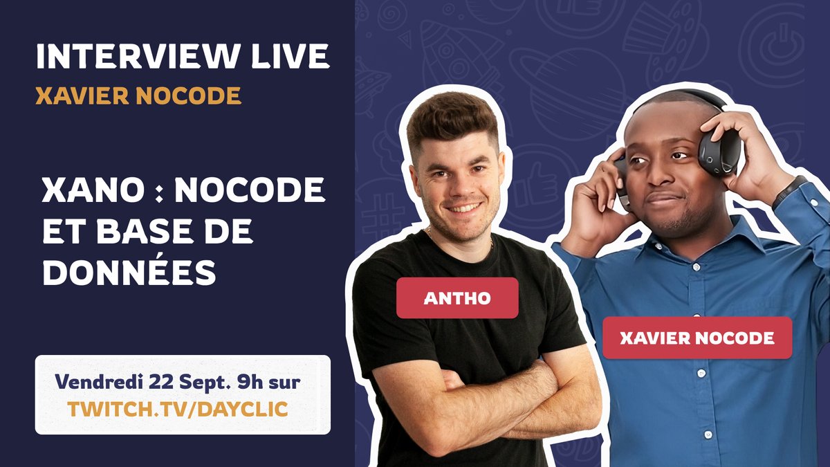 Pickbeam's tweet image. C’est le grand retour ! 💥 

Pour fêter ça, on commence par une interview avec @XavierAgap1 sous un nouveau format. Antho sera sous la supervision de notre invité afin de réaliser un cas pratique avec Xano.

📅 Retrouver nous en live sur twitch ce vendredi 22 septembre dès 9h.