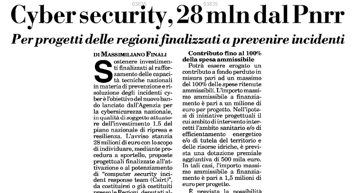 🛡️ Per un #futuro digitale sicuro

🗞️ "#Cybersecurity 28 mln dal Pnrr" via <a href="/ItaliaOggi/">ItaliaOggi</a> 

#cybercrime <a href="/csirt_it/">CSIRT Italia</a> <a href="/unioncamere/">Unioncamere</a> <a href="/0Cicerone/">Cicerone 5.0</a> <a href="/EmilianoVerga/">Emiliano Verga</a> <a href="/androm/">Andrea Romoli</a> <a href="/InnovazioneTri1/">Innovazione Tricolore</a> <a href="/Sofia04052020/">Sofia</a> <a href="/stefanomeloni12/">stefano meloni</a>