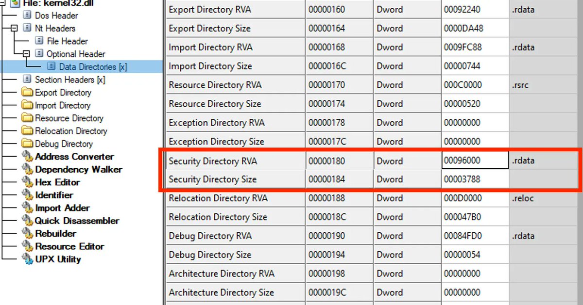 RE tip of the day: When malware is signed, a hash over part of the sample body is calculated and encrypted with a private key of the certificate owner. A hash and a public key (certificate) are stored in the Security Directory #infosec #cybersecurity #malware #reverseengineering