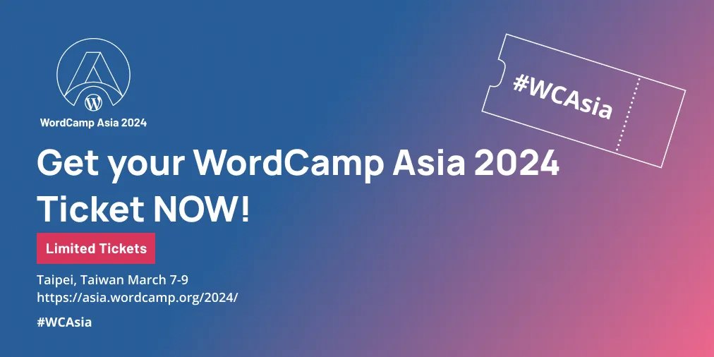 We’re excited to announce that the first batch of tickets to #WordCampAsia2024 are on sale now. Get your ticket 🎟️ buff.ly/3rkp9fp and see you in Taipei! 
#WCAsia #WordCamp