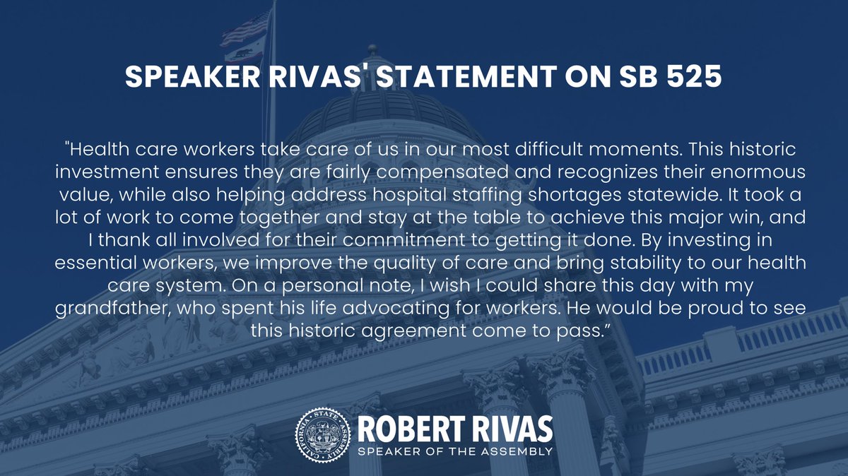 I’m grateful to see #SB525 passed by the Legislature. Health care workers are essential and need to be fairly compensated and recognized for their value. I wish I could share this historic agreement with my grandfather, who spent his entire life advocating for workers.