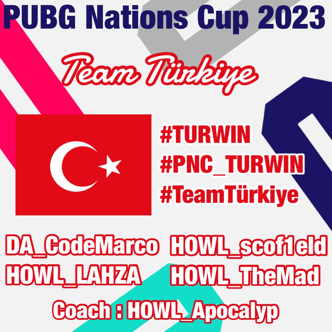 Hikaru20030328's tweet photo. PUBG Nations Cup 2023 DAY1
《Participant》
🇹🇷Team Türkiye🇹🇷
DA_CodeMarco @codemarcoo
HOWL_LAHZA @LAHZAPUBG
HOWL_scof1eld @sscof1eld
HOWL_TheMad @TheMadPUBG
HOWL_Apocalyp (Coach)
#TURWIN🇹🇷#PNC_TURWIN🇹🇷
#TeamTürkiye🇹🇷#TUR🇹🇷
#DAWIN #HOWLWIN
#PUBGEsports #PNC2023 https://t.co/lQaM21ptae