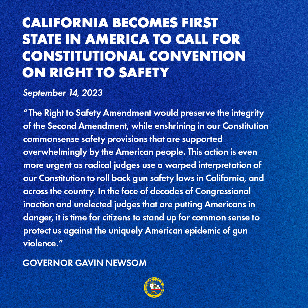 California just became the 1st state in America to call for a constitutional convention on the Right to Safety.

This would preserve the integrity of the 2nd Amendment while enshrining commonsense gun safety provisions.

It's time to do something about the gun violence epidemic.