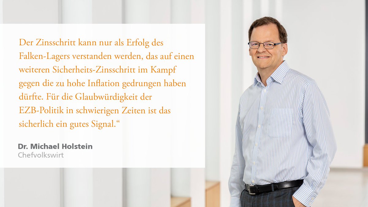 dzbank's tweet image. Die #EZB verkündet die zehnte #Zinserhöhung in Folge - der #Leitzins liegt nun bei 4,5%. Für #dzbank-Chefvolkswirt Michael Holstein ein gutes Signal angesichts der anhaltend hohen Inflation 👇