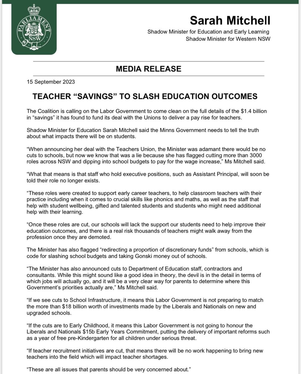 MarkSpeakman's tweet photo. The Minns Government needs to tell us the impacts on students from its Teachers Union deal.
They said thereโd be no cuts to schools, but now flag cutting >3000 roles and school budgets.
Executive staff, like Assistant Principals, will soon be told their role no longer exists. https://t.co/v1x5I8CHVQ