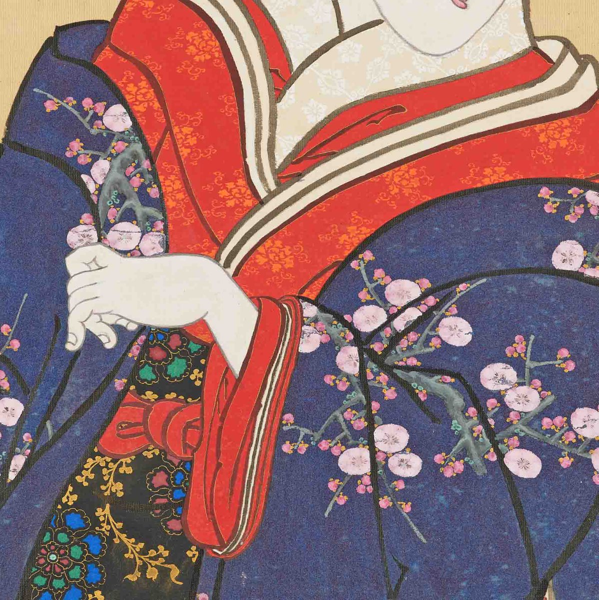 姫君を描いた国貞晩年の肉筆画「打掛を直す美人」。梅の木を表した打掛