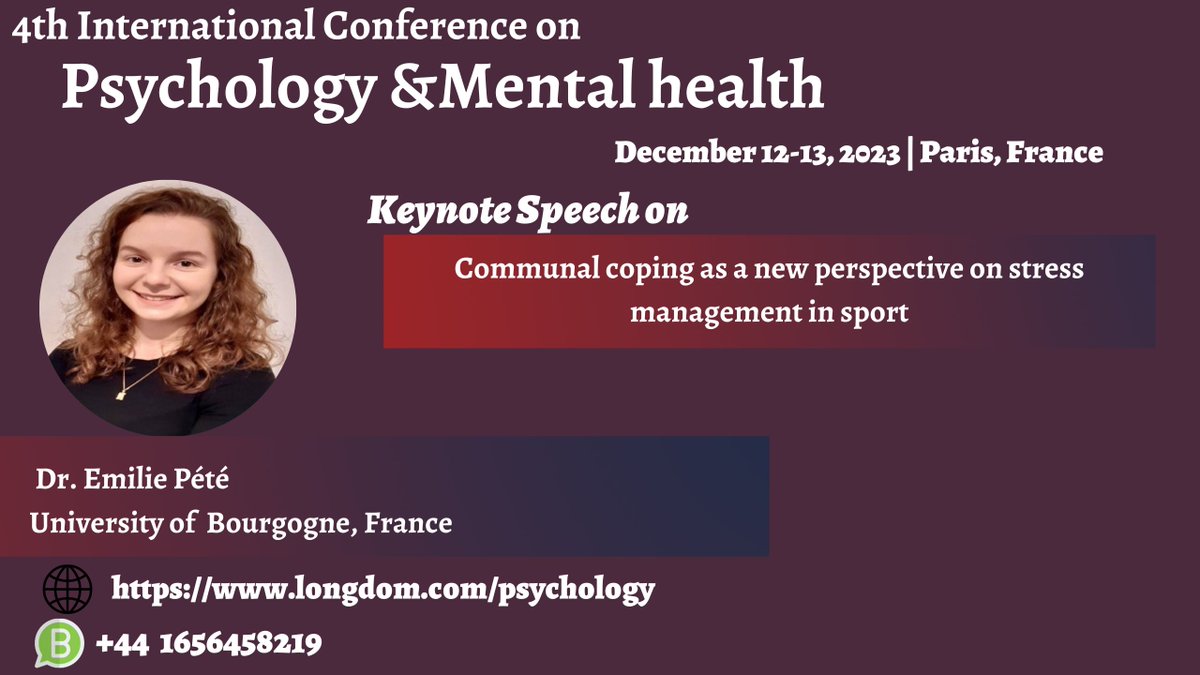 Meet our experts at International Conference on #Psychology &amp; #Mental_Health which is the globe to the prestigious event on December 12-13, 2022 in #Paris#France.
Website: lnkd.in/dQ4urGj4
Email: psychology@longdomglobal.com
WhatsApp us: +441656458219
#Parisevents