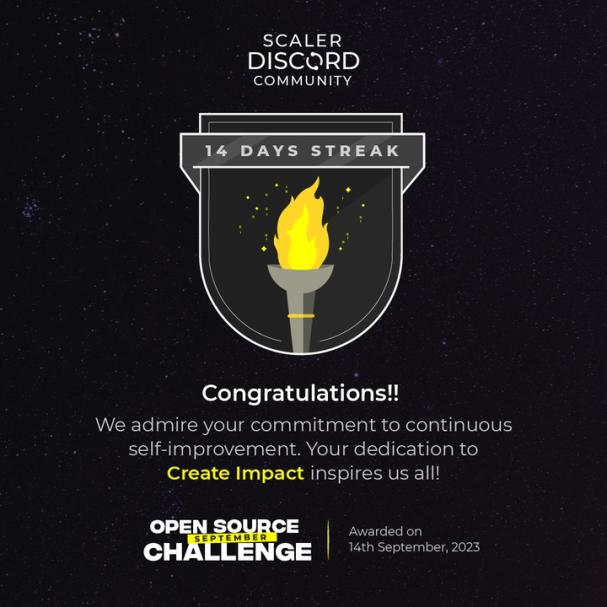 being_selmon's tweet image. I have successfully completed the second milestone of the #OpenSourceSep Challenge with @scaler_official
Discord Community🚀
You can join the community HERE -
discord.gg/sugEpYvH8N 
#OpenSourceSeptemberChallenge #ScalerDiscord #opensource