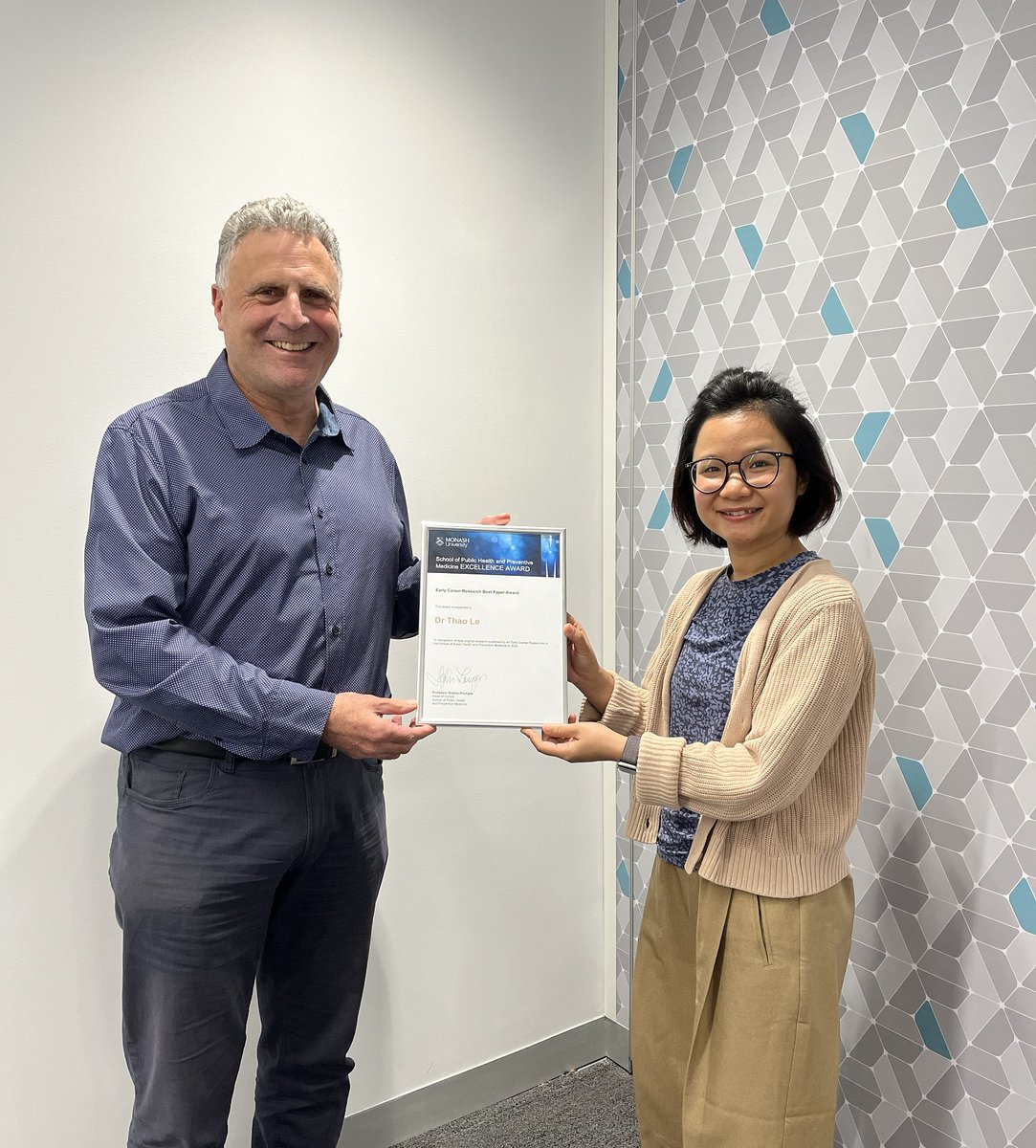 vicbiostat's tweet photo. Congratulations to Thao @lpThao on being awarded the ECR Best Paper Award at the @Monash_SPHPM Awards on Thursday.

Pictured here with a very proud Andrew Forbes.

https://t.co/ZRFRZ3Z0pl

Link to paper:
https://t.co/8YW25LzBzV https://t.co/2pUYcq8pMV