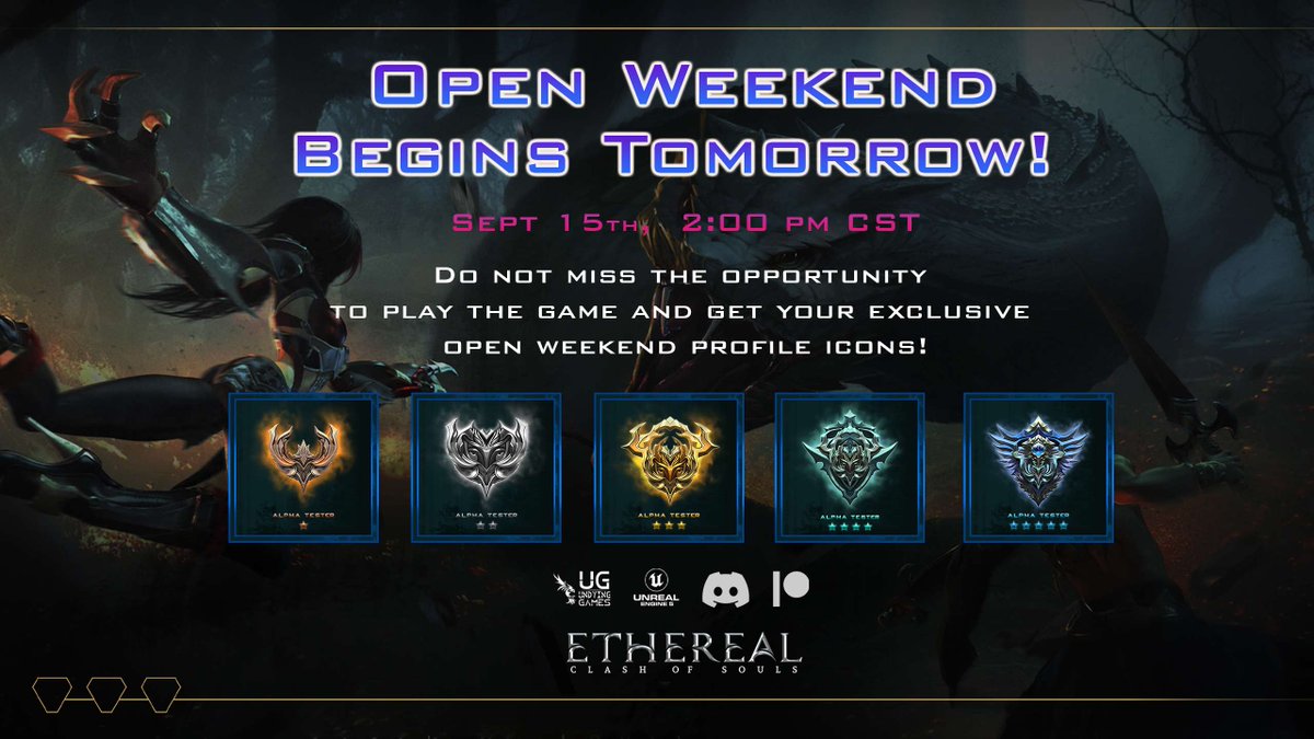 PlayEtherealCOS's tweet photo. The Open Weekend is on the horizon! We will be opening servers tomorrow, September 15, 2023 2:00 PM CST. Play 5 games this weekend to unlock your Alpha Tester Icon. If you have not already had a chance, check out the website for the download and patch notes! https://t.co/3kHWMeKwG8