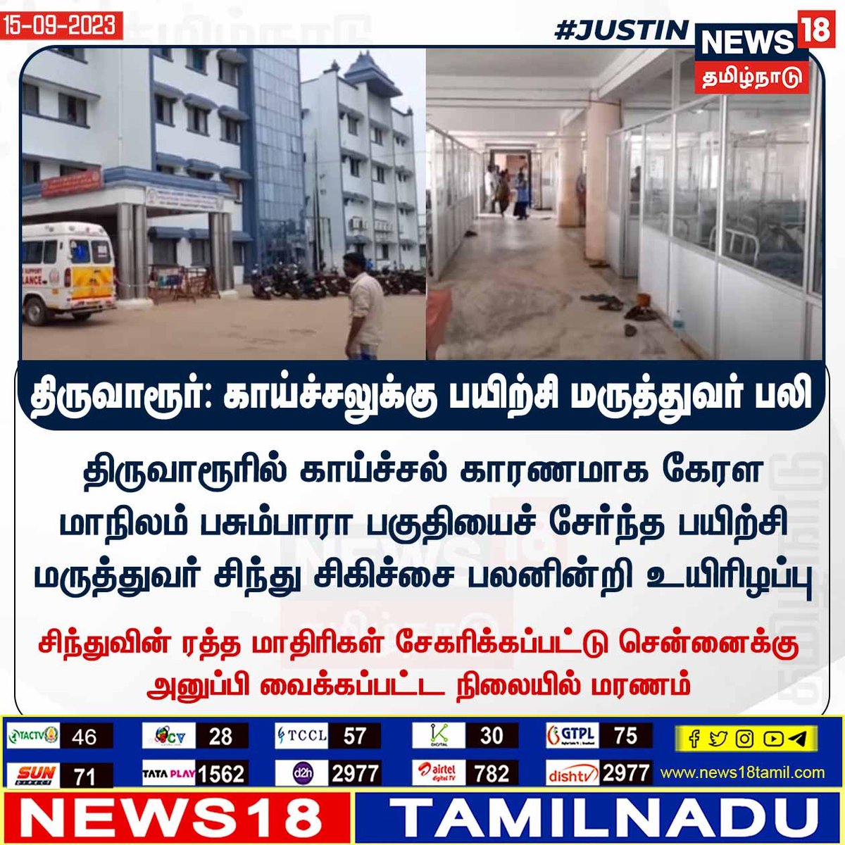 News18TamilNadu's tweet photo. #JUSTIN திருவாரூர்: காய்ச்சலுக்கு பயிற்சி மருத்துவர் பலி #Thiruvarur #TrainingDoctor #Fever #news18tamilnadu | https://t.co/uk2cvptM3n https://t.co/QLlHmzmn5G