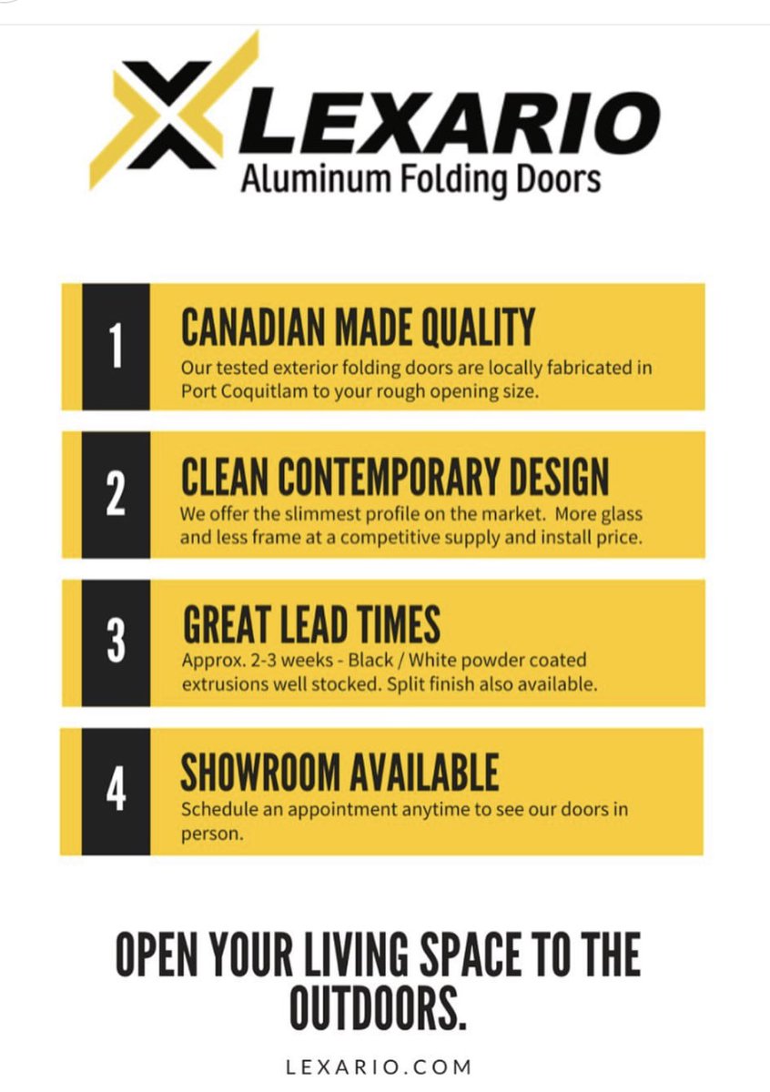 LEXARIO Exterior Aluminum Folding Doors are made in Port Coquitlam, BC, Canada.  We supply and install premium exterior aluminum folding doors since 2014 at competitive pricing and great lead times. 

Visit our showroom or request a quote page. lexario.com/request-a-quot…