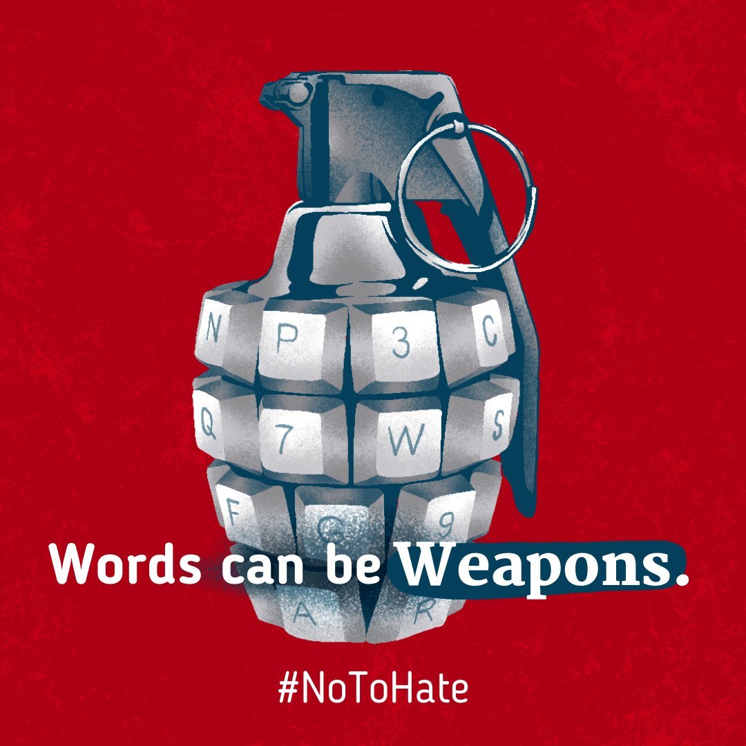 UNESCO's tweet image. Words can be weapons.

Hate speech online can lead to cruelty &amp;amp; violence in real life.

Get tips for how you can say #NoToHate: un.org/en/hate-speech…