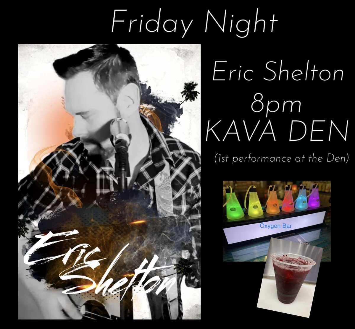 TGKavaDen's tweet photo. Change in Artist this weekend! Let’s welcome Eric Shelton to the Kava Den Friday at 8pm.
#livemusic #fridaynightvibes #downtownromega #romega #kavabar #kavacommunity #botanicalbar #sobermovement #noalcohol https://t.co/buNIFg0iLV