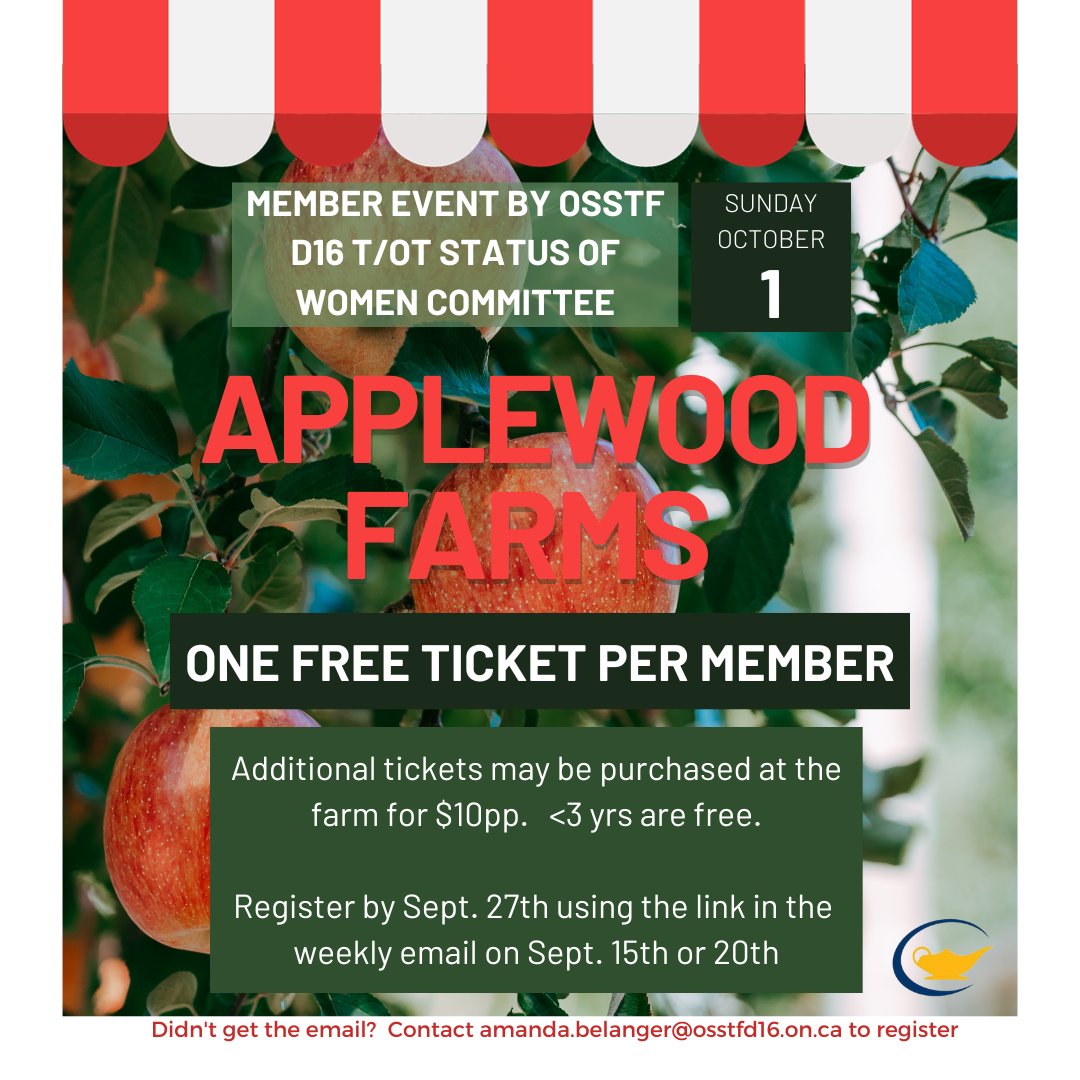 osstfd16t_ot's tweet photo. Join D16 T/OT Status of Women Chair, Marsha Thompson for a family friendly event. More info and register for your free ticket in our weekly email.
Must arrive between 10-11am to pick up your member ticket. #osstd #d16 #onted https://t.co/88u463nV2j