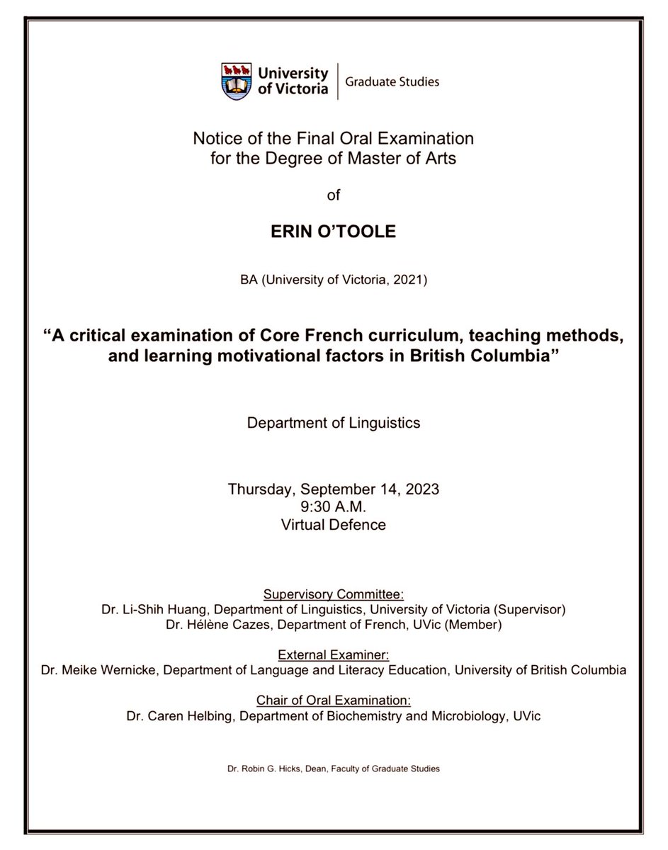 Congratulations to our Erin, who crossed the finish line this morning! Couldn't be more proud of her knowledge-sharing work at professional conferences, her defense performance today, and her dedication to achieving excellence every step of the way! 🙌 <a href="/UVicLinguistics/">UVic Linguistics</a> <a href="/UVicFran/">French at UVic</a>