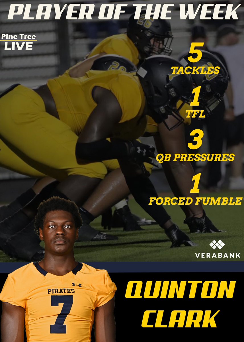 Congratulations to Quinton Clark @___quinton for being Pine Tree LIVE!! #playeroftheweek in the Kilgore vs. Pine Tree game last week.   

#ALLIN 
@CoachDaniels96 @Rockwell_20 @RochaAngle @PineTreeFB @PTISDPirates