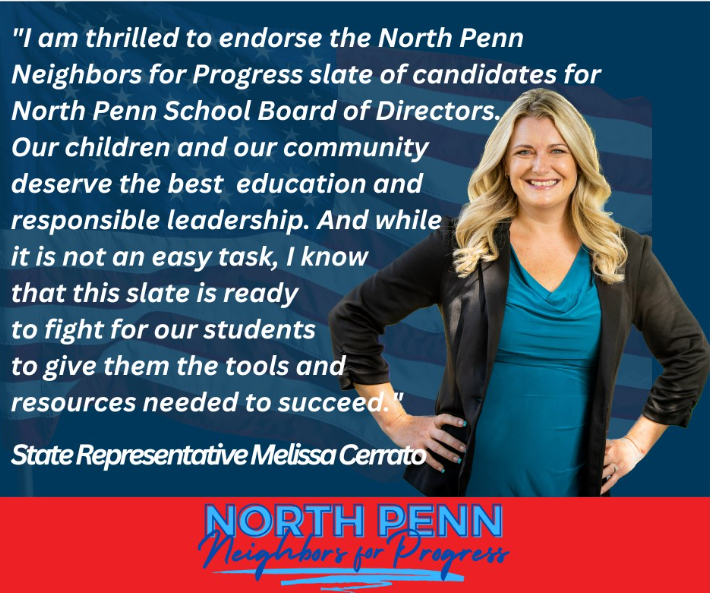 JennyStephens52's tweet photo. #PA @NPSD 
✅Rep Melissa Cerrato endorses North Penn Neighbors for Progress School Board Candidates: Cathy Wesley, Timothy MacBain, Juliane Ramic, Elisha Gee and Kunbi Rudnick to uphold the district's renowned excellence. https://t.co/mDrdWew9j2