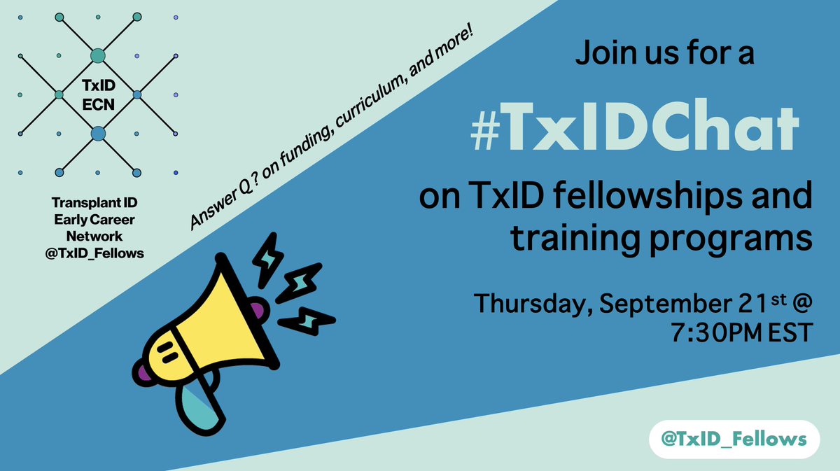 Summer is over, but don't despair - it's time for a #TxIDChat! Join us in ONE WEEK for our next #TxIDChat discussing #TxID fellowships and tracks. Discuss ? on funding, clinical mix, research, accreditation, & more! You don't want to miss this one! Thurs, Sept 21st @ 7:30 ET