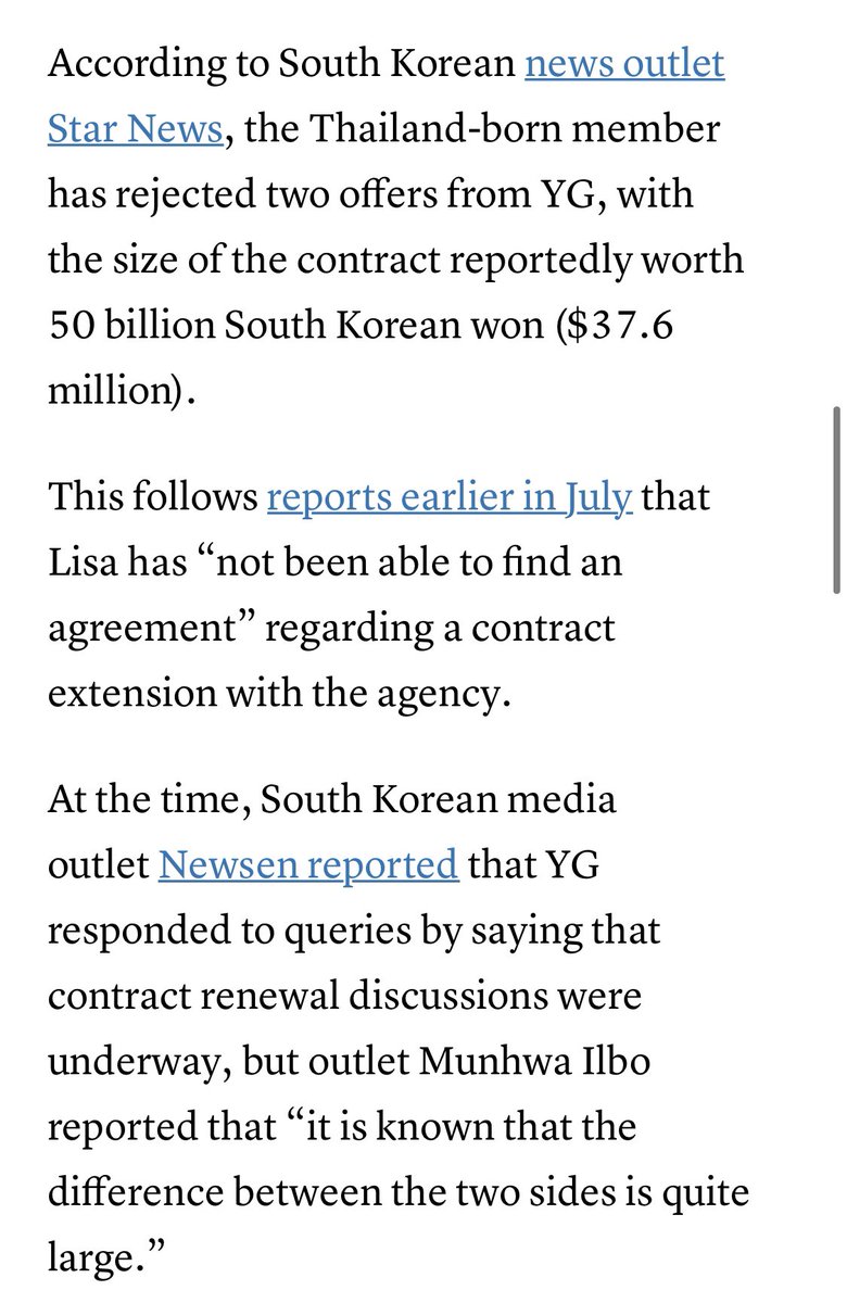 LaliceUpdates's tweet photo. Shares of K-pop agency YG Entertainment tumbled almost 9% on Friday (sept 15) today after South Korean media reported that Blackpink member #LISA has rejected a contract renewal offer from the agency. The share price tumble is YG’s largest one-day drop since September 28, 2022. - @CNBC 

“According to South Korean news outlet Star News, the Thailand-born member has rejected two offers from YG, with the size of the contract reportedly worth 50 billion South Korean won ($37.6 million).
This follows reports earlier in July that Lisa has “not been able to find an agreement” regarding a contract extension with the agency.
At the time, South Korean media outlet Newsen reported that YG responded to queries by saying that contract renewal discussions were underway, but outlet Munhwa Ilbo reported that “it is known that the difference between the two sides is quite large.”

🔗 https://t.co/CvSN8mSkFG

#블랙핑크리사 블랙핑크 리사 
#LALISA #MONEY #SHOONG