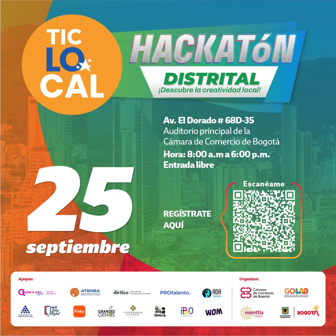¡Ya llega la #HackatónDistrital! Este 25 de septiembre conocerás a los 20 equipos locales y sus proyectos innovadores para mejorar nuestra ciudad.  Disfruta de paneles de lujo y de una feria de innovación local y empleo.  ¡Te esperamos! Regístrate aquí: bit.ly/HACKATONBOGOTA 🚀