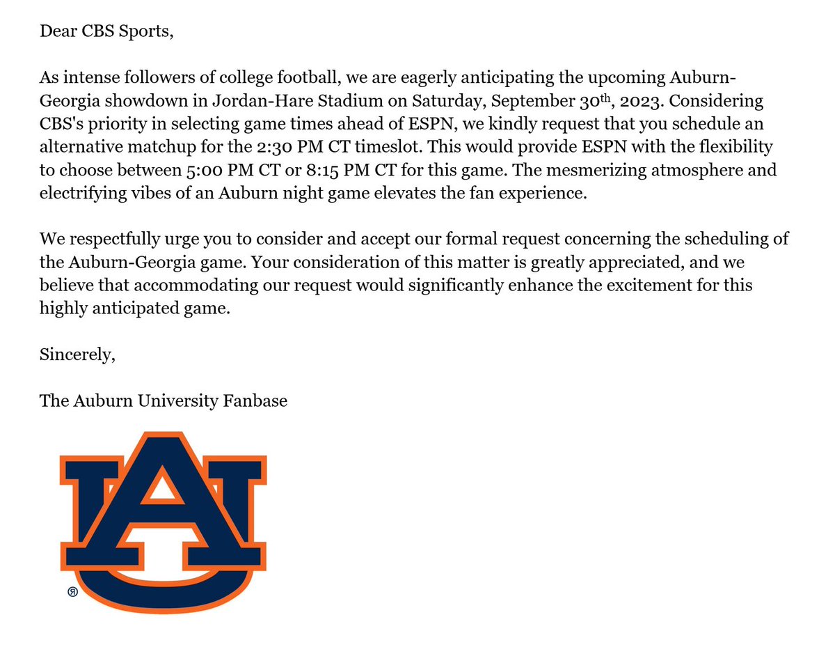 westinham's tweet photo. Auburn fans, please voice your opinions by tagging @CBSSports and @CBSSportsCFB with the following message

The Auburn-Georgia game deserves to be a night game in Jordan-Hare Stadium. https://t.co/BZGzkmc8he