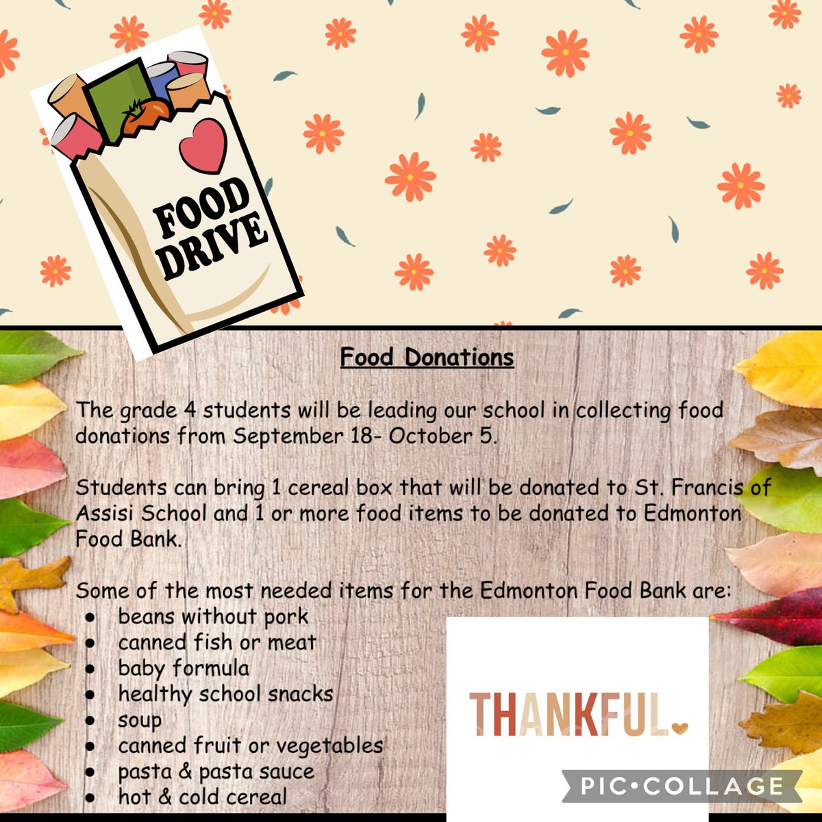 On 🍂 September 18 🍂our Grade 4 students are kicking off our annual Thanksgiving🥫 Food Drive! 🥫