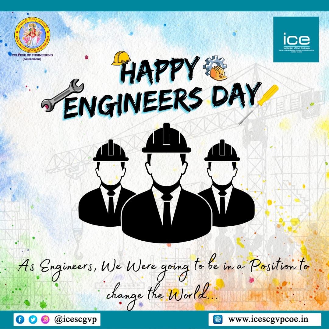 Icescgvp's tweet photo. Team ICE(UK),SC wishes a "Happy Engineer's Day, fellow Engineer ❤️!" Keep inspiring and innovating..👷‍♀️👷‍♂️

Regards 
ICE(UK)
GVPCOE https://t.co/zMGwdnFOJQ
