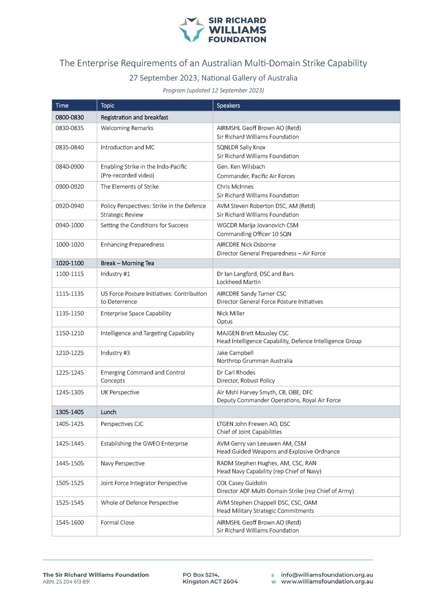 See draft Seminar program below.  Register for the Seminar here: hub.williamsfoundation.org.au/events 
#nationaldefence #dsr #conference #airpower #deterrence #strike #spacepower #nationalpower #statecraft #militarypower #ausdef