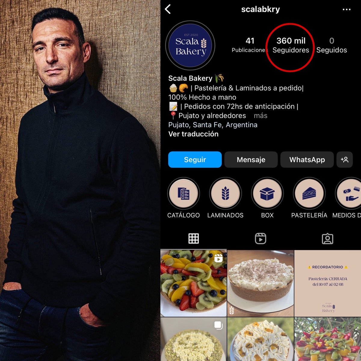 AtaqueFutbolero's tweet photo. 🔙🇦🇷 Hace una semana, Scala Bakery, el emprendimiento de pastelería de la hermana de Lionel Scaloni, tenía apenas 2600 seguidores en Instagram… hasta que al DT se le ocurrió nombrarlo en pleno vivo con @AFAestudio. 

🗣️ “Mi hermana cree que, porque yo le haga a promoción, va a vender más. Quién le va a ir a comprar si está en Pujato”, dijo.

Hoy ya suma ¡360.000! SEGUIDORES, y debió cambiar la atención personalizada ante la gran demanda: toma pedidos con 72 horas de anticipación y hace envíos. 

Entrenador de la mejor selección del planeta, vigente campeón del mundo y el INFLUENCER del momento. 🤯👏🏼