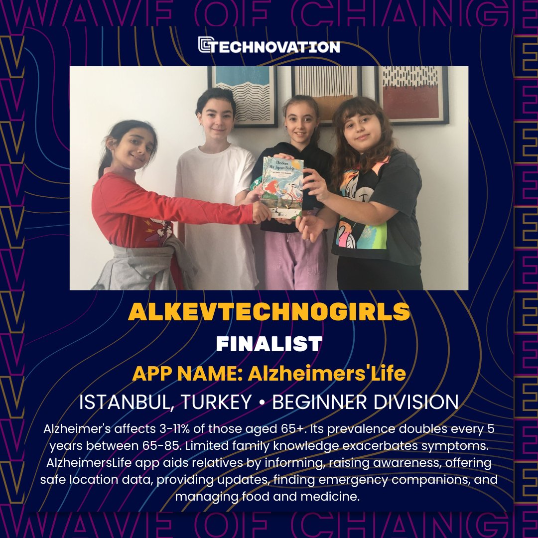 technovation's tweet image. Congratulations to one of the 2023 Technovation finalists 🤩🥳🏆, team AlkevTechnoGirls from Turkey 🇹🇷 with their app Alzheimers&apos;Life. YOU inspire US everyday!! #GirlsInTech

Sign up for the 2024 registration waitlist: bit.ly/3ItLFYO