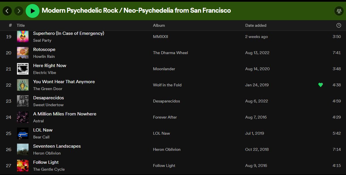 Track 19-27 of Clay's #playlist of current #SanFrancisco #psychedelicrock - includes @sealparty6 @howlinrain @EV_theband @TheGreenDoorBND @SweetUndertow @bearcallband @HeronOblivion Link: open.spotify.com/playlist/0or8Q…