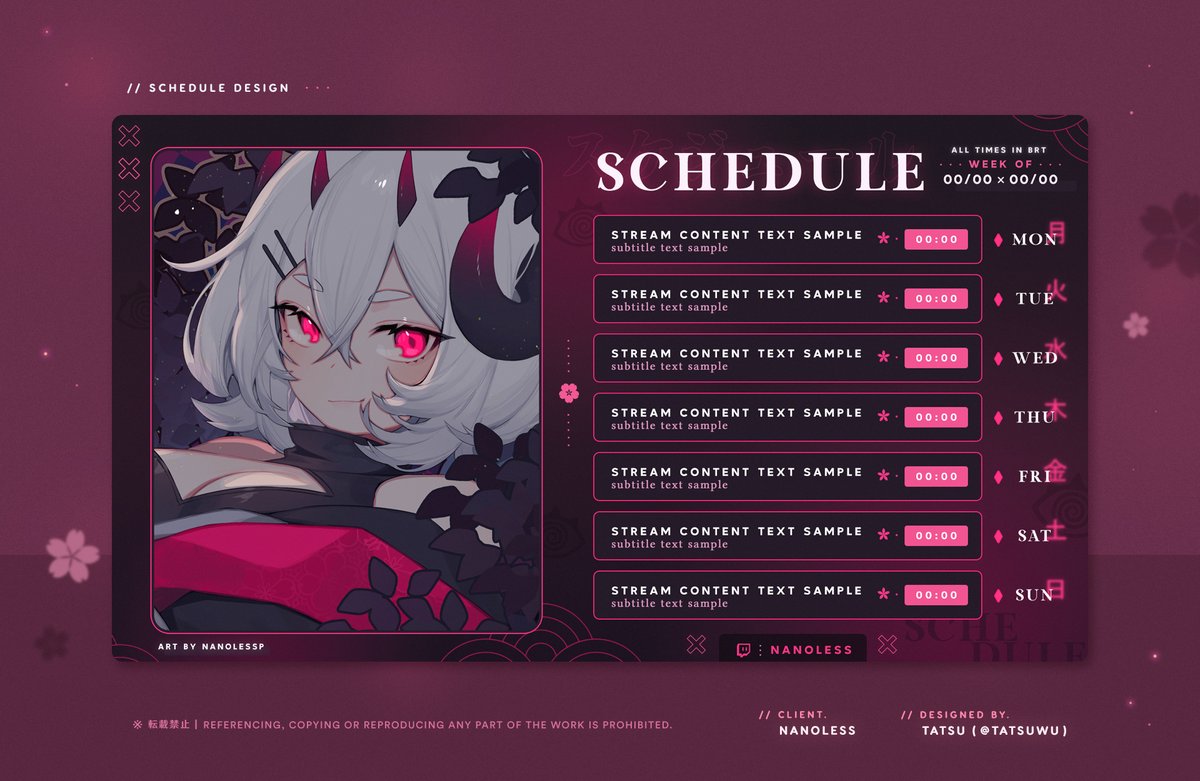 tatsuwu's tweet photo. [♡] »【 schedule design 】

stream schedule for nano 🌸
thank you for the request! ♡

⌜client : @nanoless_⌟  #nanolart
work inquiries : @nyastudio https://t.co/WfwzCipgXm