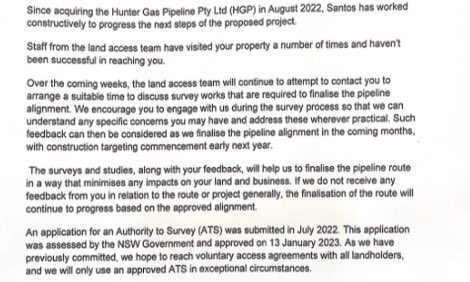 peterjameswills's tweet photo. Santos are sending threatening letters to landholders in an escalation of contact with those affected by the proposed Hunter Gas pipeline. 

Voice mails left are extremely deceptive.

Farmers continue to reject Santos yet the badgering is ongoing. 
#narrabrigas #liverpoolplains https://t.co/s6TVSE45RH
