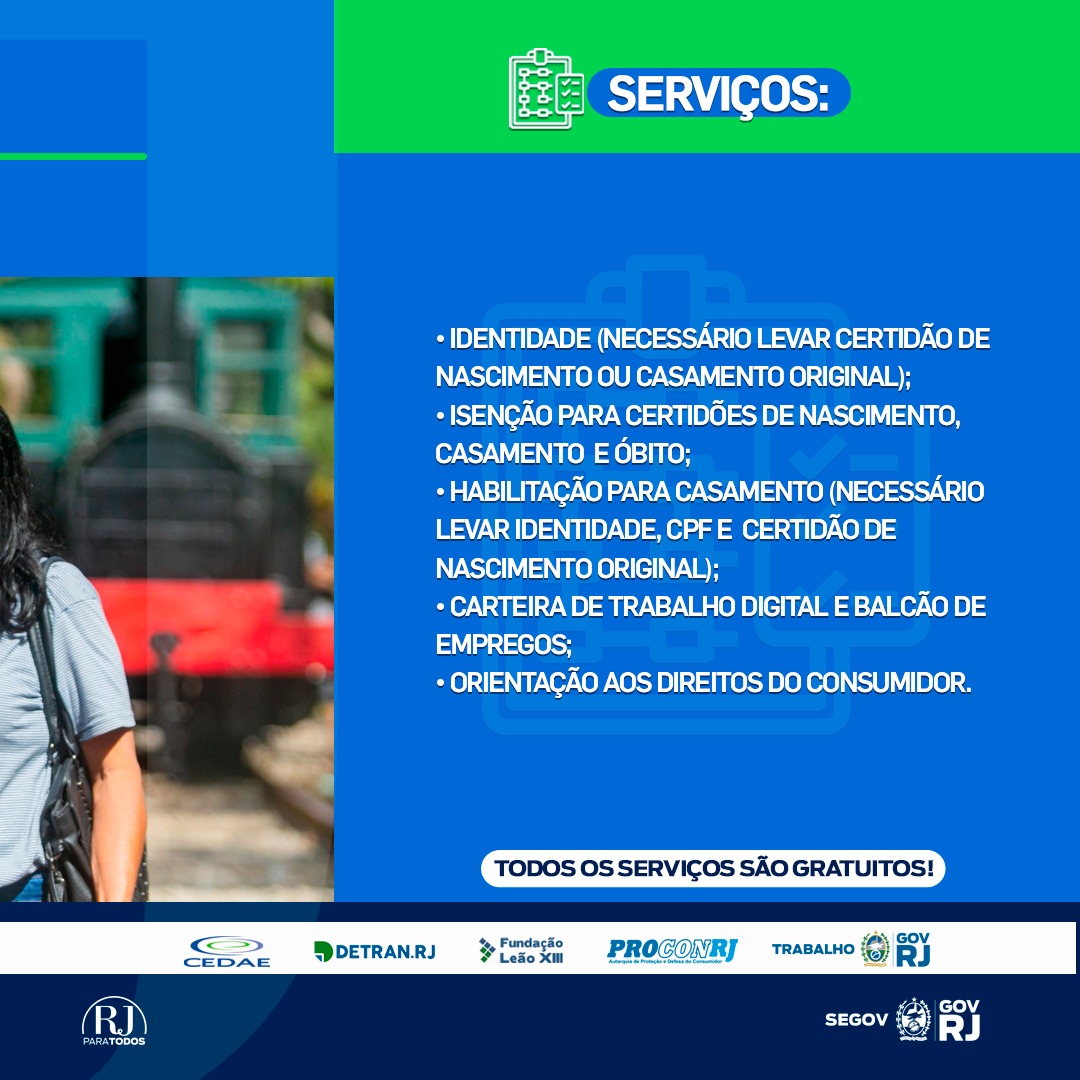 No próximo dia 19/09 teremos na quadra do Seninha a atuação do Governo do Estado do Rio de Janeiro na nossa comunidade com a ação RJ para todos+.
Estará presente do Detran rj  Fundação Leão XIII  Procon-RJ  Secretaria de Trabalho e Renda 
Terá emissão de RG
Isenção para casamento