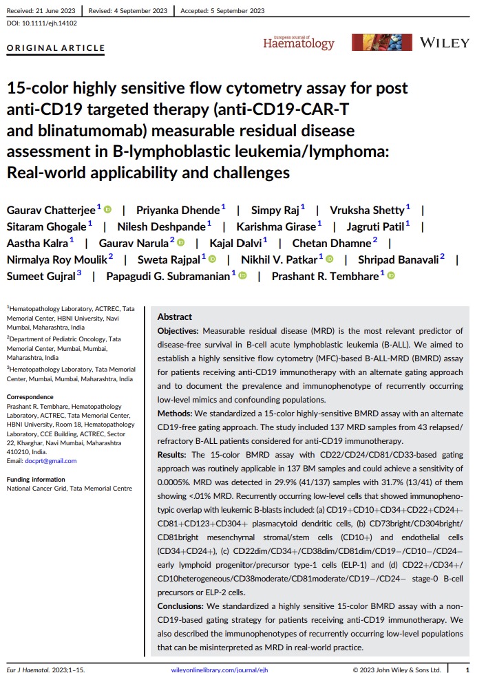 PrashantTembha1's tweet photo. Happy to share our work on high sensitivity MRD in BALL treated with antiCD19 🚘 &amp; Ab. Described mimics &amp; CD19 neg stages of B cell precursors. @bagalbp @BrunoPaiva_UNAV @sindhucherian @Gaurav_C42 @DHCA11 @DrArunCMC @AaronGoodman33 @purwarrahul2 @ICCS_Education @CytometryIndia https://t.co/2OZeDFkJhE
