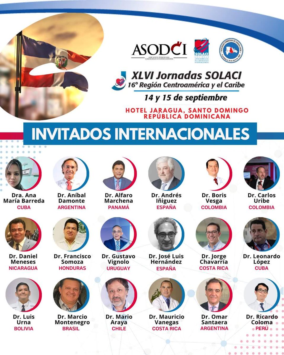 #LatiendoICCCV ... PRESENTE la #CardiologíaCubana en escenarios internacionales. Hoy en la #XLVIJornadasSOLACI, Santo Domingo/República Dominicana de la mano de los Profesores Dr. Leonardo López (expositor) y Dra. Ana María Barreda (panelista)