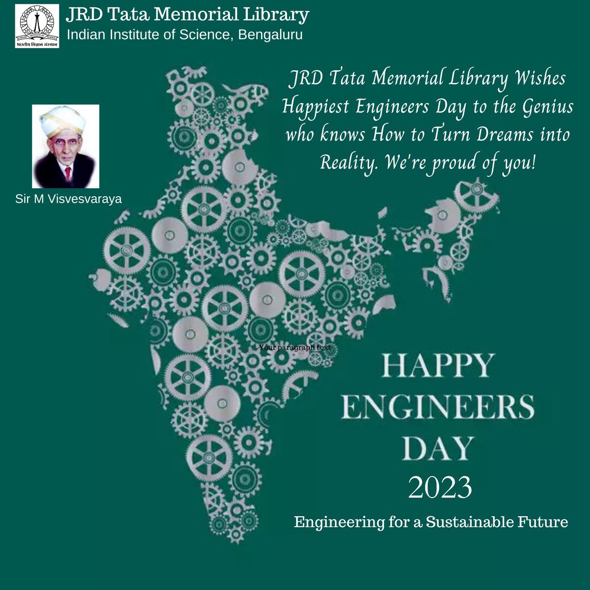 jrdtml_iisc's tweet photo. JRD Tata Memorial Library Wishes Happiest Engineers Day to the Genius who knows How to Turn Dreams into Reality. We're proud of you!

#sirmvisvesvaraya #nationalengineersday  #indianengineer #iiscbangalore  #jrdtml https://t.co/CsiYyOQnH4