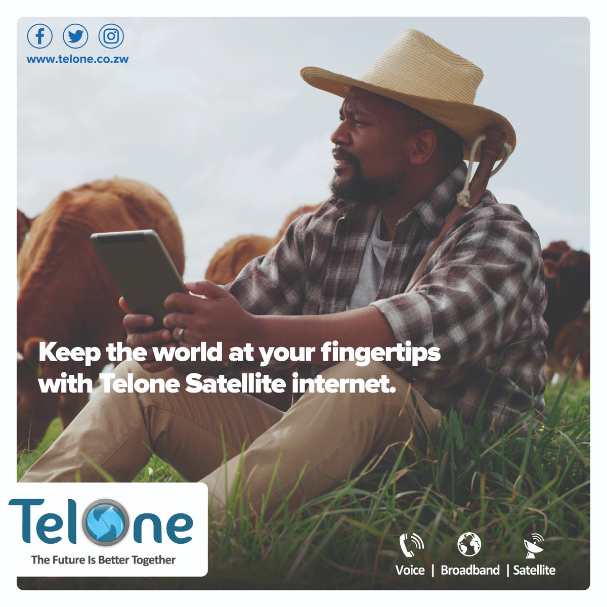 TelOneZW's tweet photo. Keep the world at your fingertips. TelOne Satellite internet gives you high speed satellite to helps you to stay connected with  customers anywhere you are, no matter how remote.
#TheFutureIsBetterTogether https://t.co/GCnQirnX4b