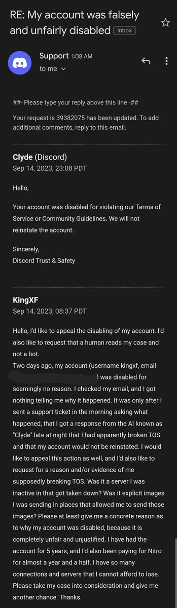 KingXF88's tweet photo. Hey @discord would you at least get a human to reply instead of clyde? My account was falsely &amp; unfairly disabled, you claim that I broke TOS but provide no proof when I ask for it. I've had this account for 5 years, been paying nitro for 1.5. So many memories and history lost... https://t.co/olCxd3IzBe