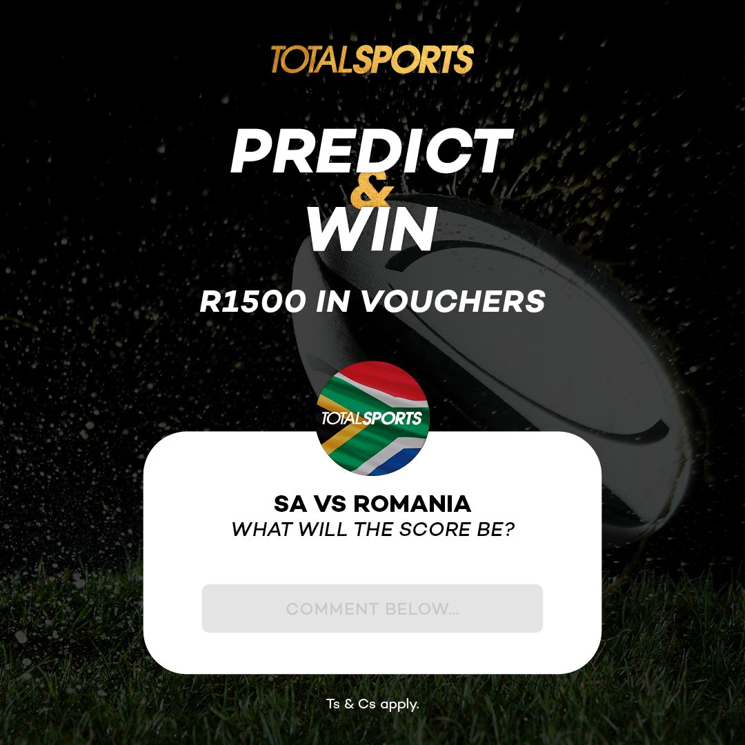 Prediction time again! Stand to WIN a R1500 Totalsports voucher 💳. What the final score will be 🥇SA vs Romania, with your answer, tag the friends you are watching the 🏉 game with. Entries close on kick-off of the game. 🤞Good luck Boks 🇿🇦 Winner announced 19.09