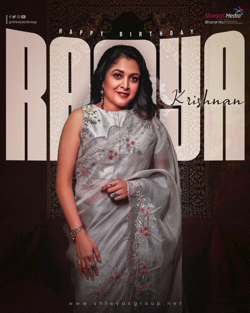 shreyasgroup's tweet photo. Sending warm wishes to the  Ever Gorgeous Actress @meramyakrishnan Garu, a very Happy Birthday.❤️🥳

We wish you continue to cherish happiness and create amazing memories in future💥

-Team @shreyasgroup✌️

#HBDRamyaKrishna #HappyBirthdayRamyaKrishna #RamyaKrishna #ShreyasMedia #ShreyasGroup