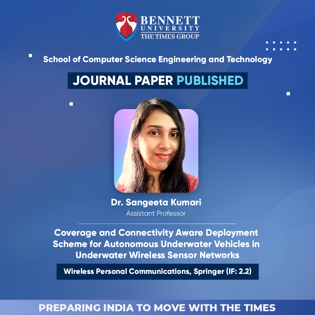 Congratulations to Dr. Sangeeta Kumari (Assistant Professor, #scsetbennett) for acceptance of the #research article for #publication in Wireless Personal Communications, Springer. 
#bennettuniversity #FacultyatBU #research #network #wirelessnetwork #sensor