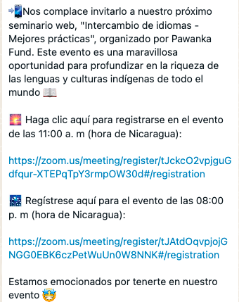 ¡Ya viene el Seminario "Intercambio de idiomas - Mejores prácticas", organizado por <a href="/pawankafund/">Pawanka Fund</a>!  Explora la riqueza de las lenguas y culturas indígenas de todo el mundo. ¡Inscribete!  
11:00am zoom.us/meeting/regist…
08:00pm zoom.us/meeting/regist…

#Interculturalidad💖