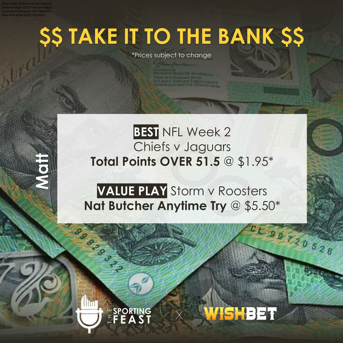 SportingFeast's tweet photo. Time for the boys to put some money in your pockets before the Spring Carnival hits full swing! 🏉 🏇🏀

Good luck and #Stayhungry

What is gambling really costing you?

#horseracing #sports #multi #takeittothebank #AFL #NRL #letsgo #randwick #sgm #winonly #broncos #anytimetry https://t.co/ub3ZMshEGL