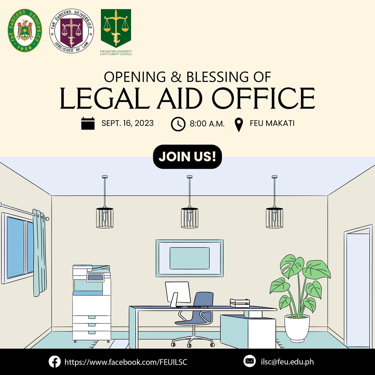 FeuLaw's tweet photo. [ANNOUNCEMENT]

📜 🏛️ @FEULaw headed by Dean Jolon Pabiton &amp; Assoc. Dean Rowena Soriano, together with the @feuilsc and student-leaders, is inviting you to join us for a momentous occasion as we inaugurate and bless our new Legal Aid Office on 16 Sept. 2023, 8 a.m. at FEU Makati. https://t.co/ZtYi2qmmIu