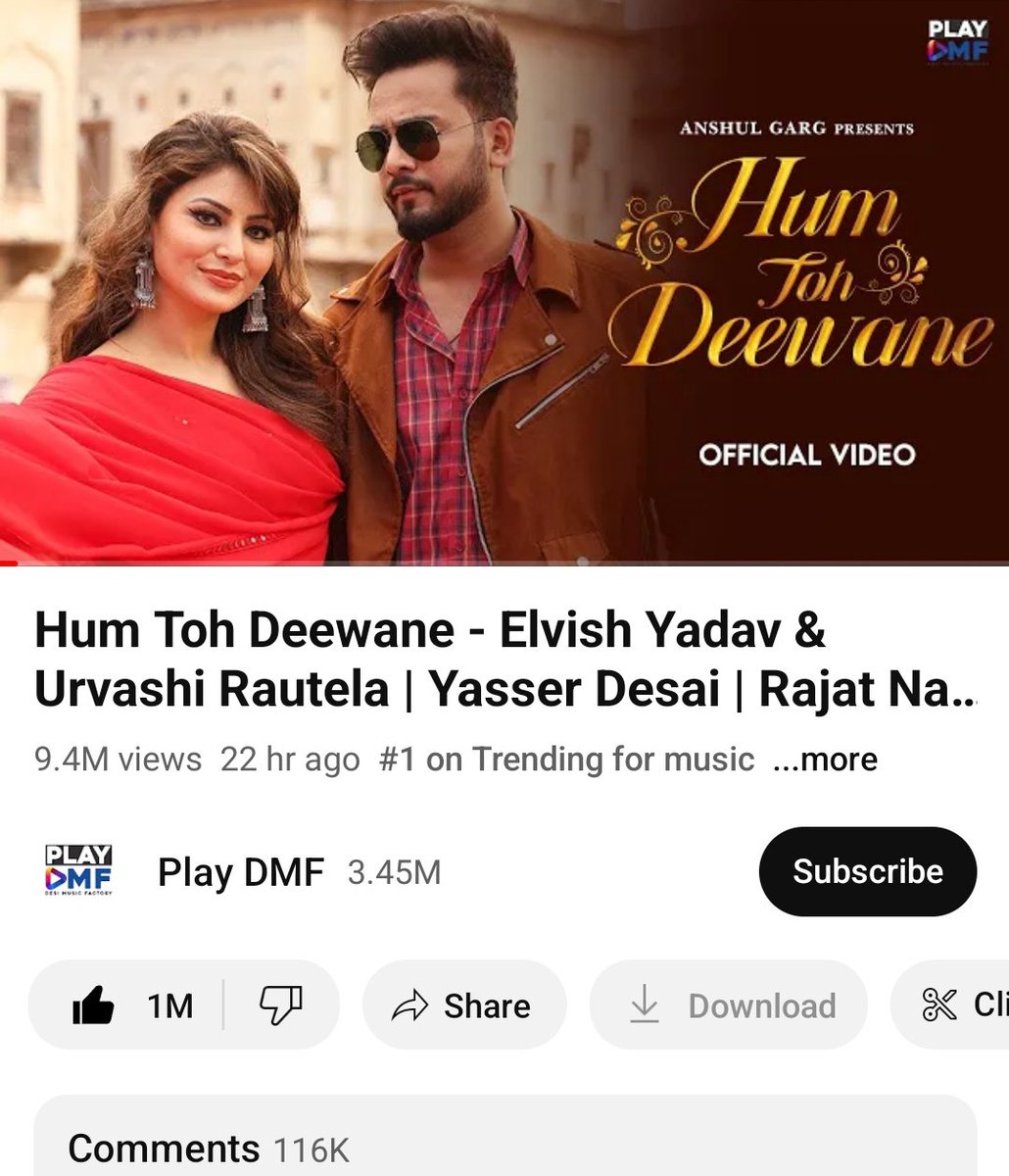 UPSC_MANTRA__'s tweet photo. #HumTohDeewane is ruling at #1 on YT Music ..
Hum to Deewane song got 9.4M views , 1M likes and 116K comments so far...
#ElvishYadav #ElvishArmy #UrvashiRautela #Syst https://t.co/7fIlZZ8UOl